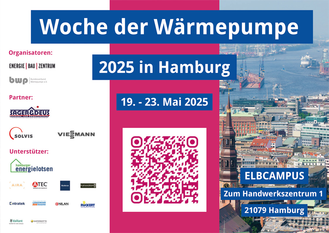 Flyer der Woche der Wärmepumpe 19.-23.5.2025 mit Organisatioren, Partner und Unterstützer auf der linken Seite. In der Mitte ein großer QR-Code und rechts ein Bild von Hamburg mit der Adresse Elbcampus. Zum Handwerkszentrum , 21079 Hamburg