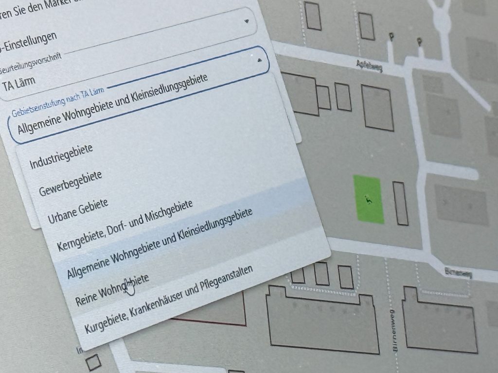 Software mit ausgeklappter Auswahl von Gebieten wie Industriegebiet, Wohngebiet